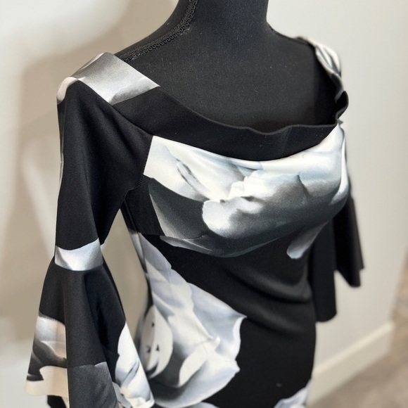 Venus Off Shoulder Black and White Bodycon Dress (XS) - Picture 4 of 10